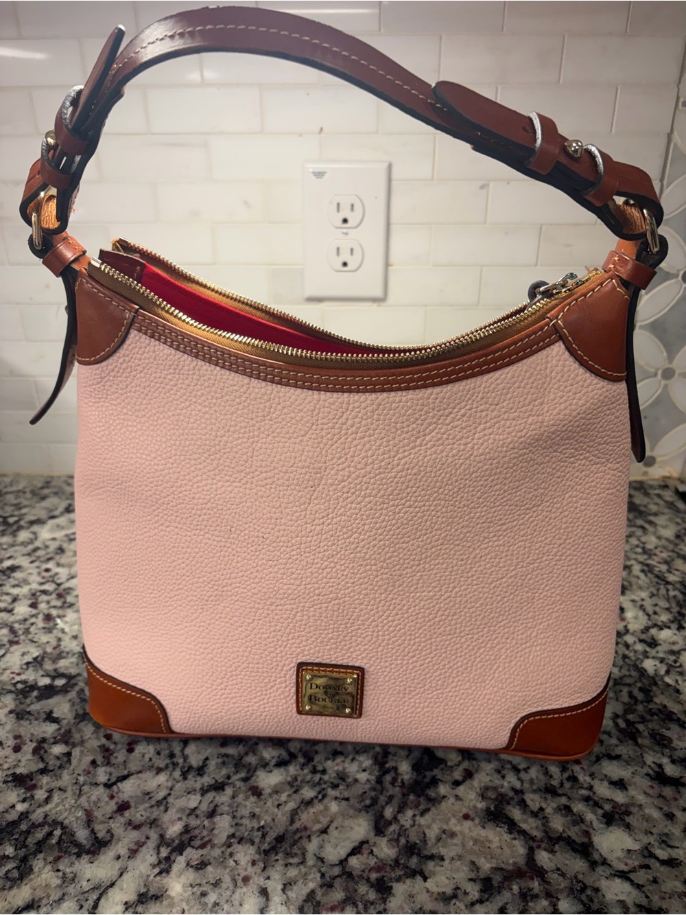 Dooney & Bourke Pink Pebbled Leather Shoulder Bag with Brown Trim
